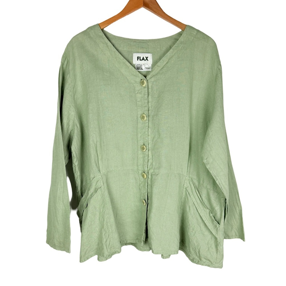 FLAX Linen Green V Neck Button Top Jacket Lagenlook Coastal Cottagecore Office